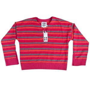 Kerri Rosenthal XO Next Smile On You Colorful Pink Striped Sweater Heart Button